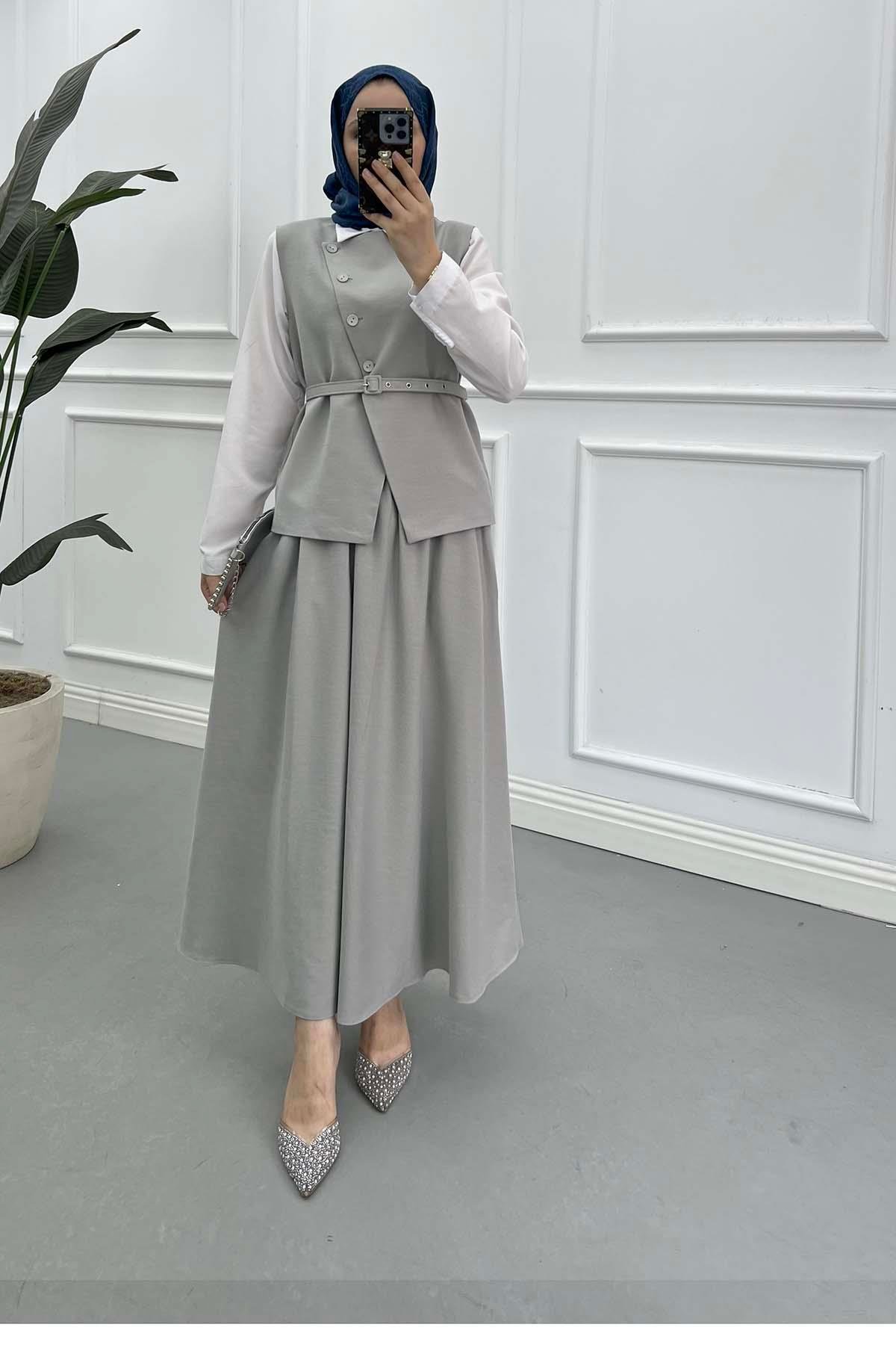 Sare Fashion Belted Vest (Lined) Suit Gray