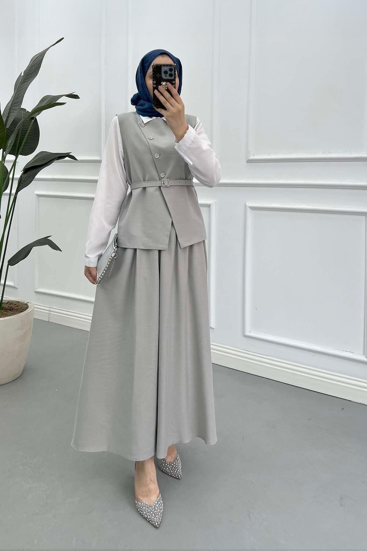 Sare Fashion Belted Vest (Lined) Suit Gray