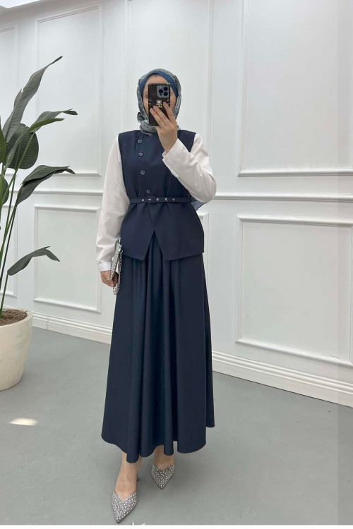 Sare Fashion Belted Vest (Lined) Suit Navy Blue Sare Fashion Belted Vest (Lined) Suit Navy Blue