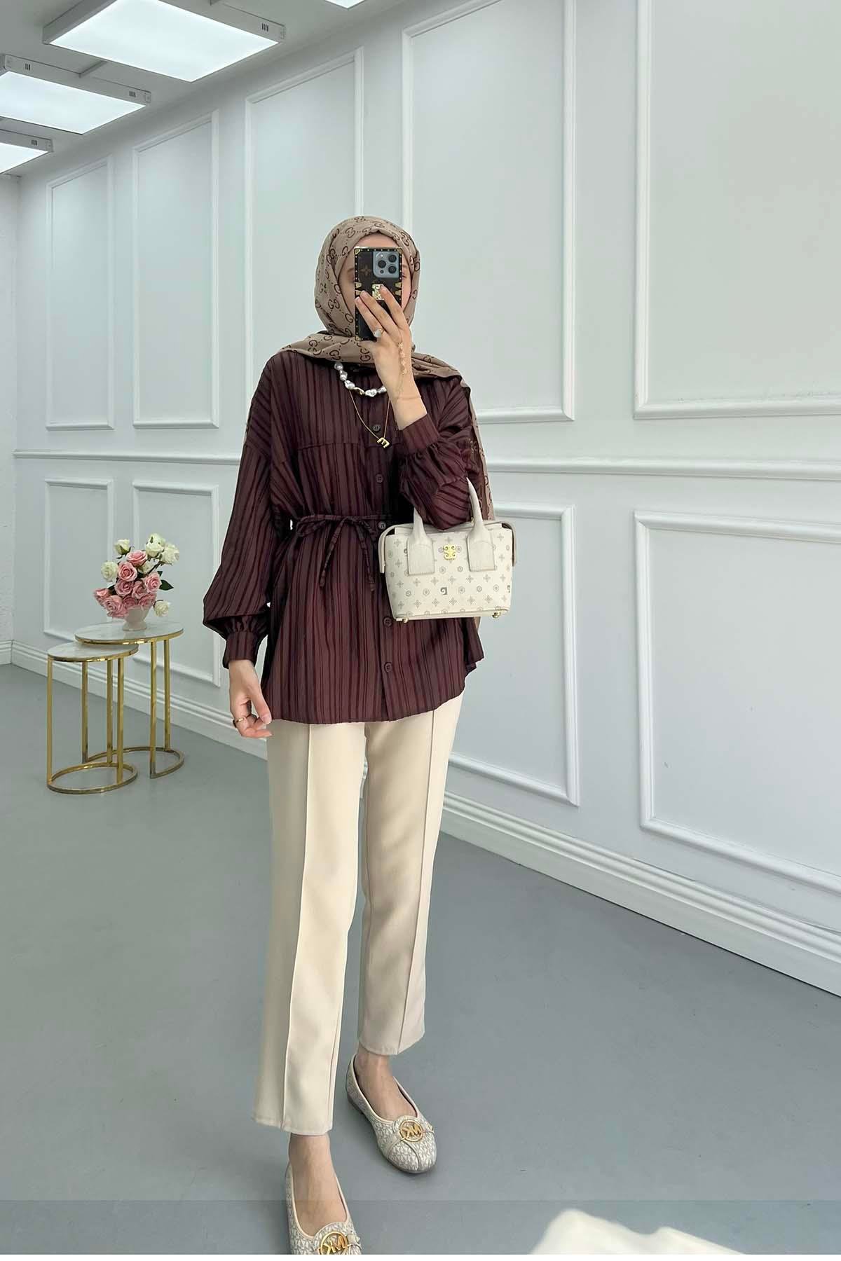 Sare Fashion Self-Striped Belted Shirt Bitter Brown