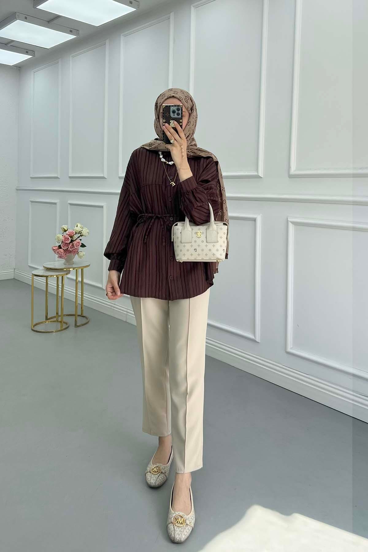 Sare Fashion Self-Striped Belted Shirt Bitter Brown