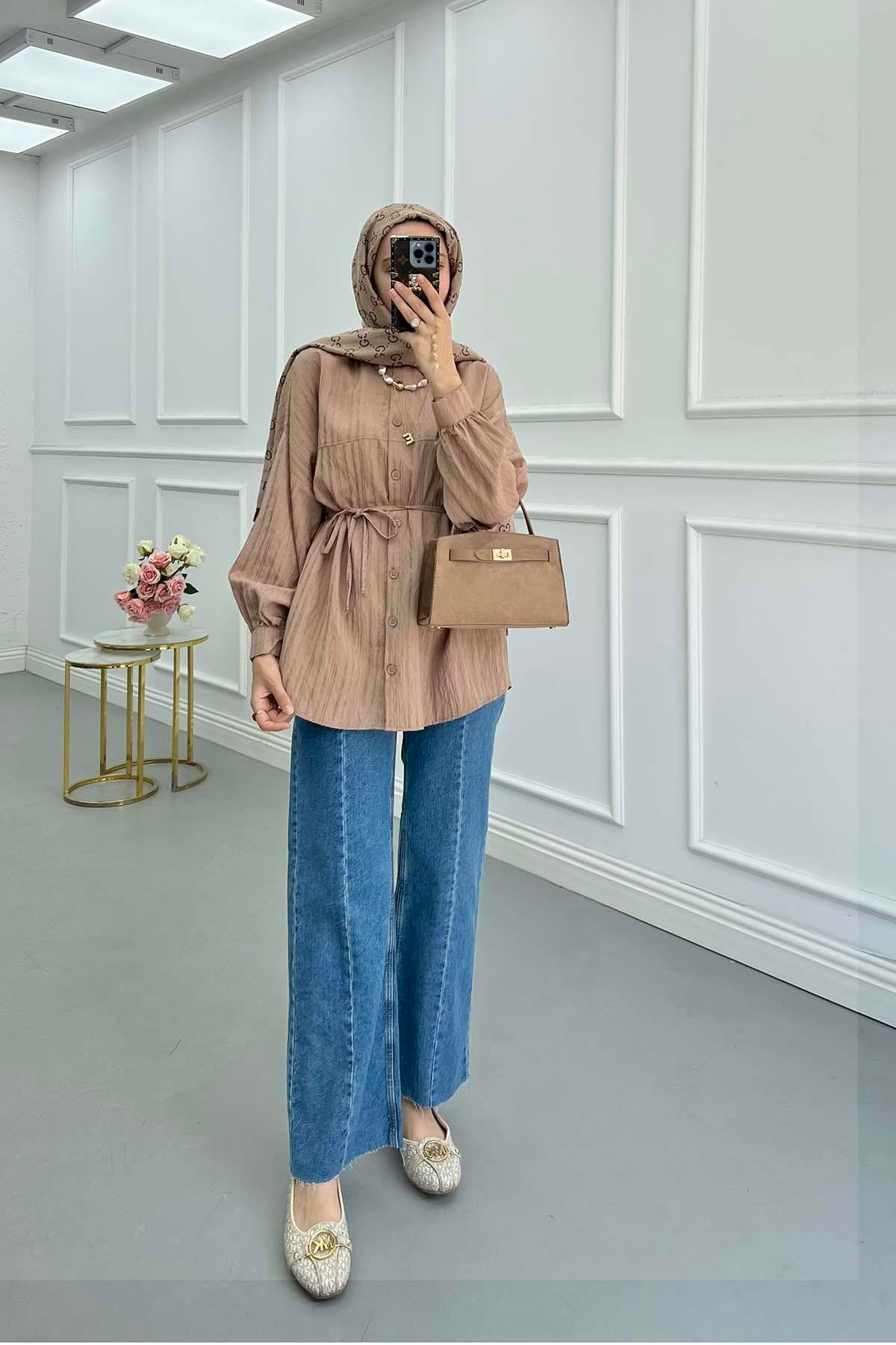 Sare Fashion Self-Striped Belted Shirt Brown