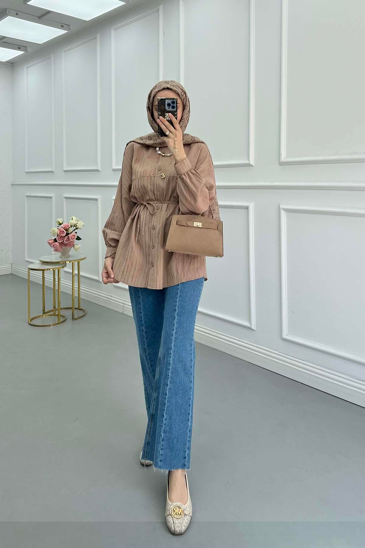 Sare Fashion Self-Striped Belted Shirt Brown