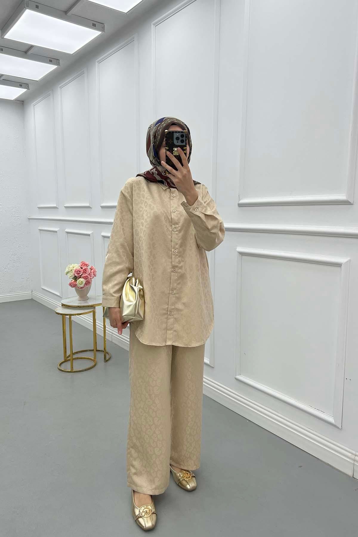 Sare Fashion Self Patterned Shirt Set Beige