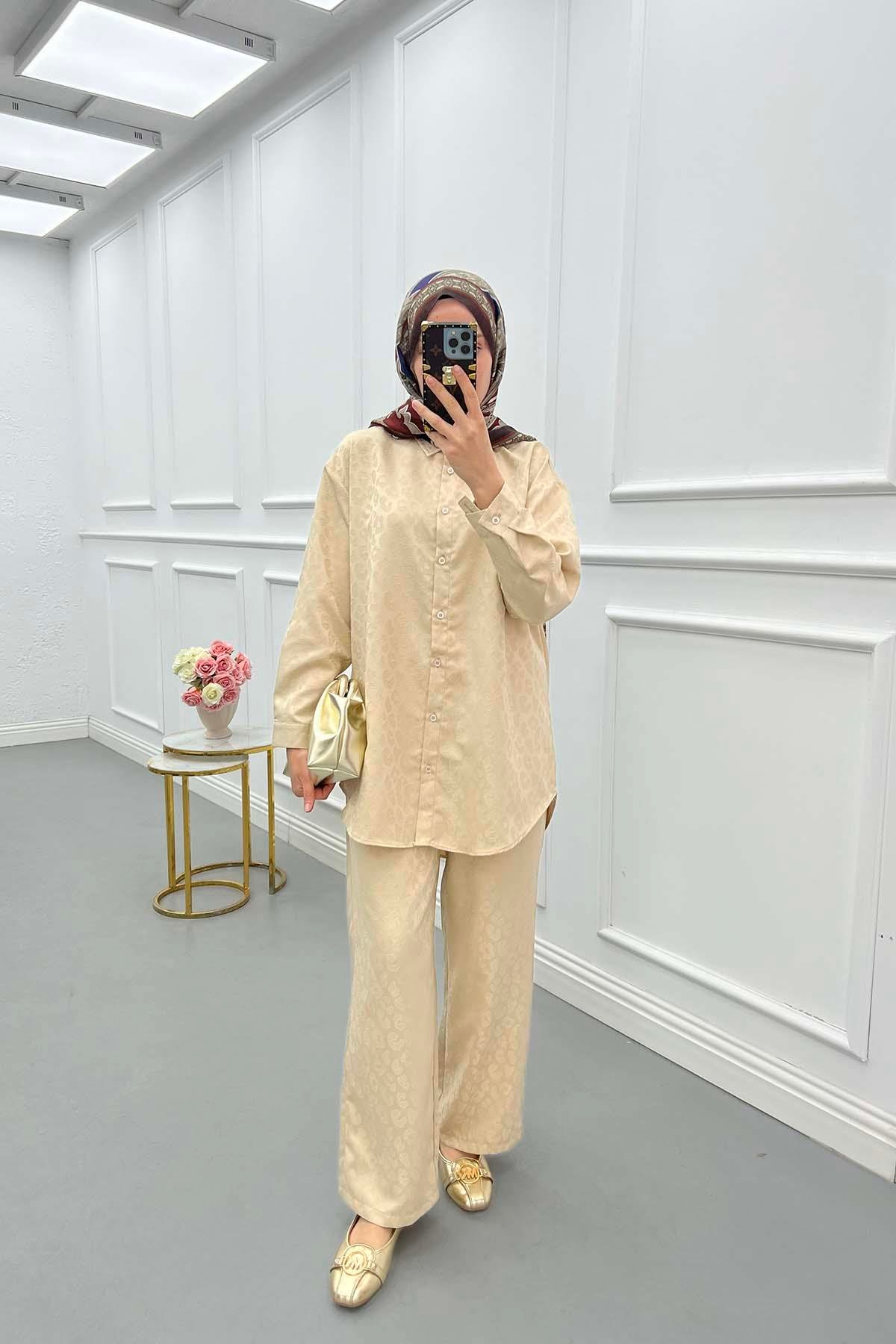 Sare Fashion Self Patterned Shirt Set Beige