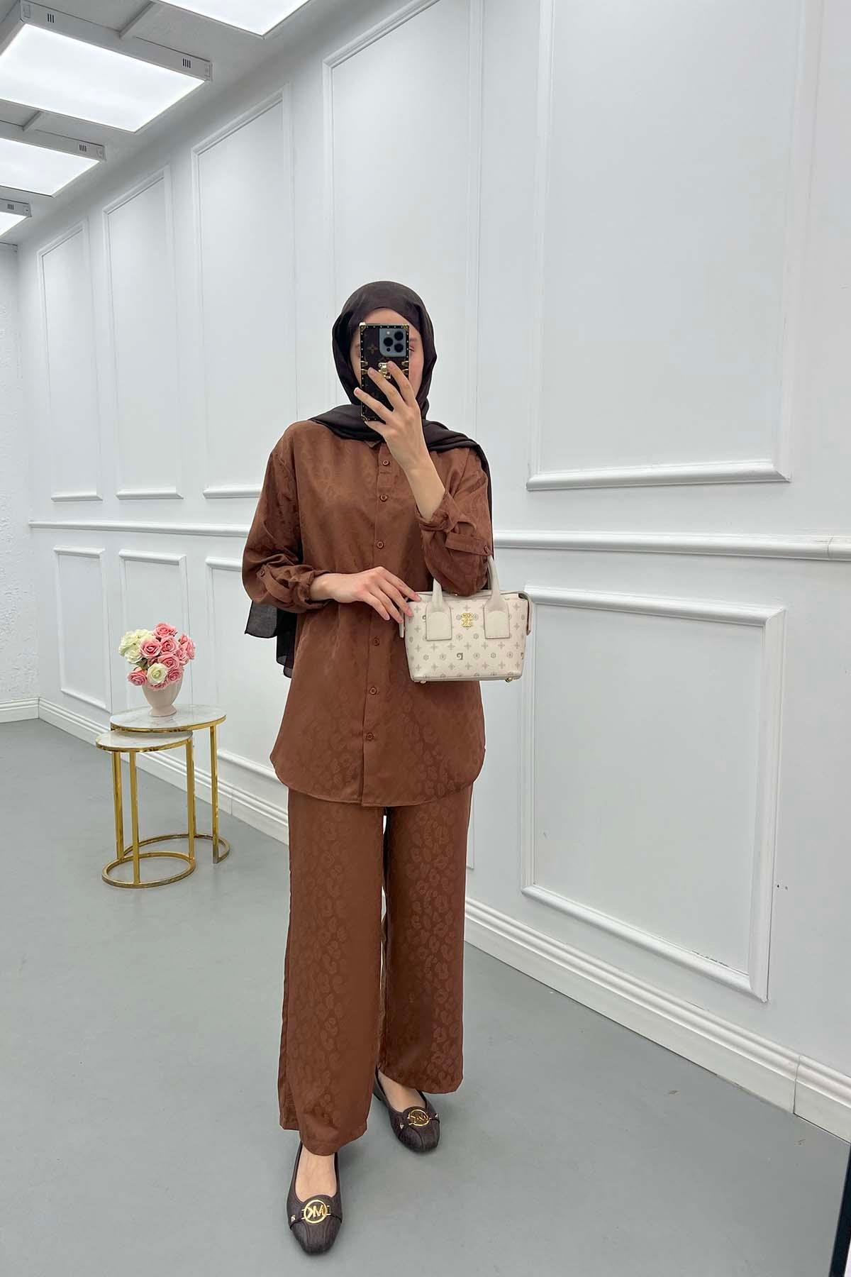 Sare Fashion Self Patterned Shirt Set Brown
