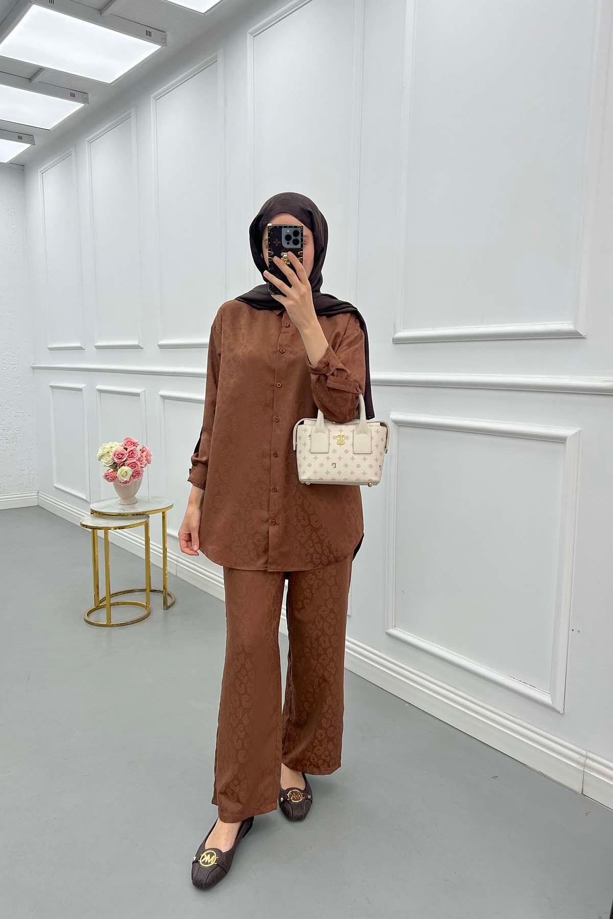 Sare Fashion Self Patterned Shirt Set Brown