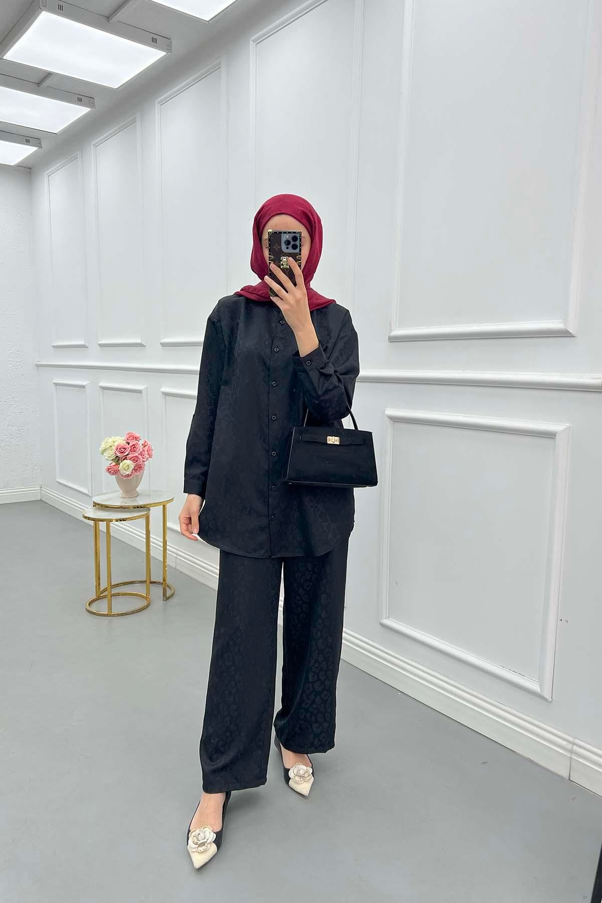 Sare Fashion Self Patterned Shirt Set Black