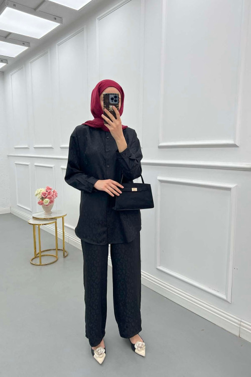 Sare Fashion Self Patterned Shirt Set Black