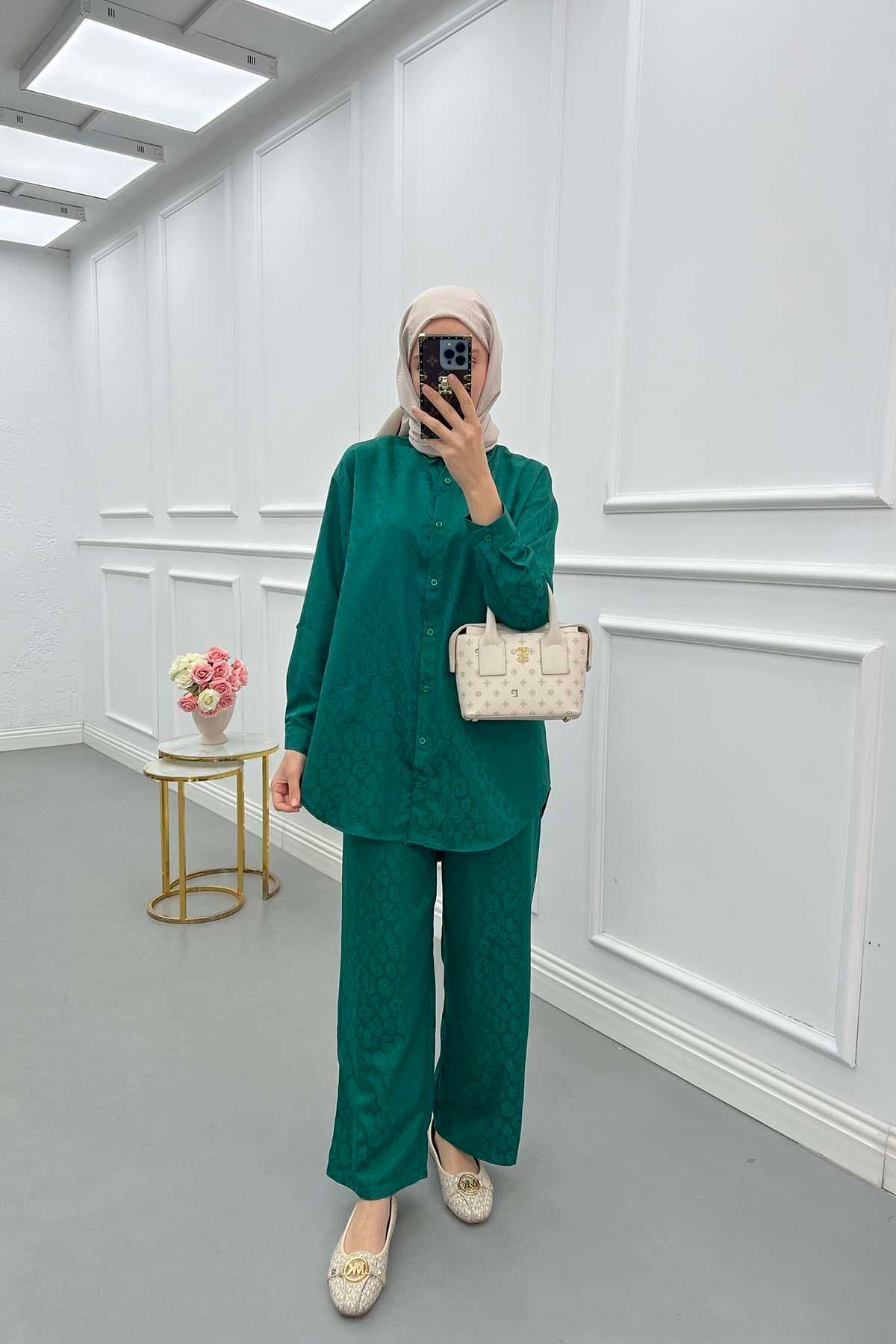 Sare Fashion Self Patterned Shirt Set Emerald Green