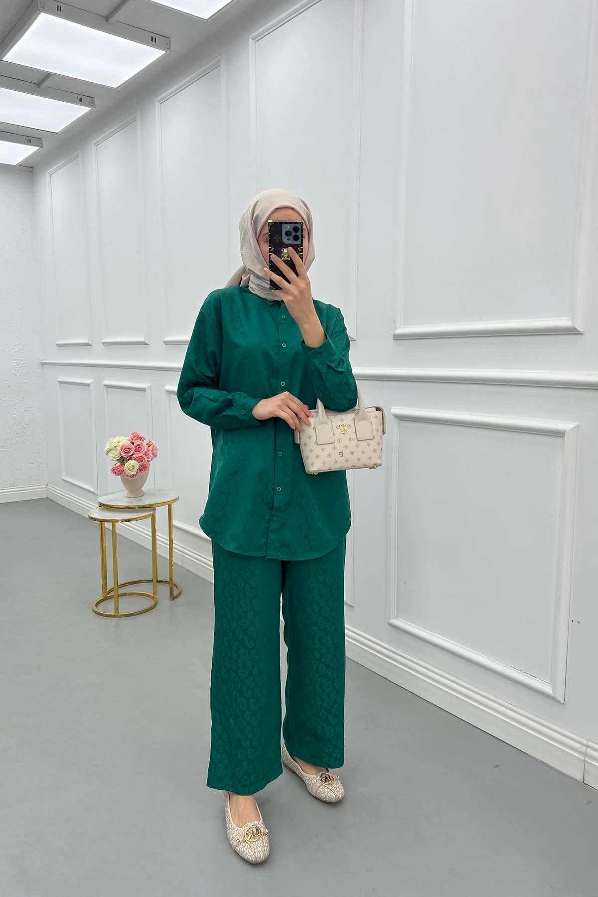 Sare Fashion Self Patterned Shirt Set Emerald Green