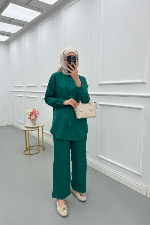 Sare Fashion Self Patterned Shirt Set Emerald Green