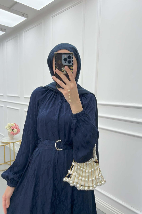 Sare Fashion Self Patterned Jacquard Dress Navy Blue