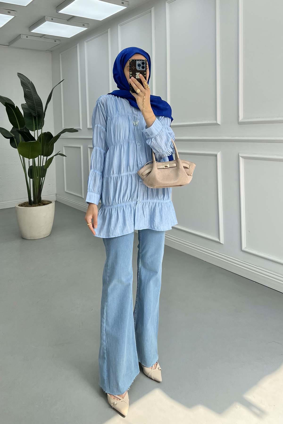 Sare Fashion Self-Patterned Elastic Detailed Shirt Blue