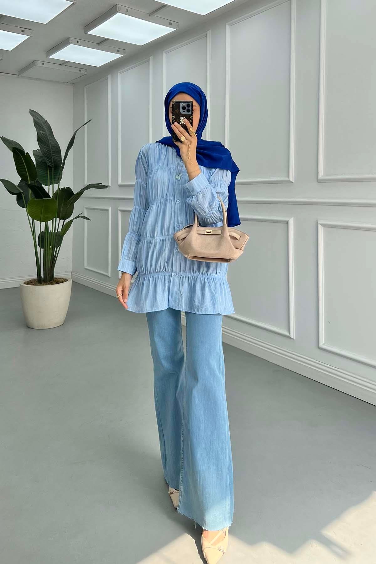 Sare Fashion Self-Patterned Elastic Detailed Shirt Blue