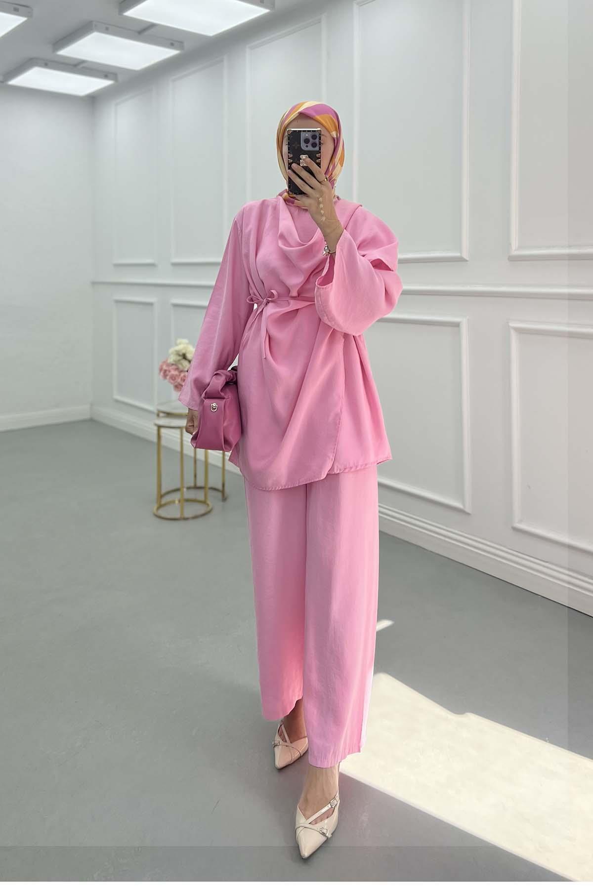 Sare Fashion Self-Shawl Detailed Belted Suit Pink