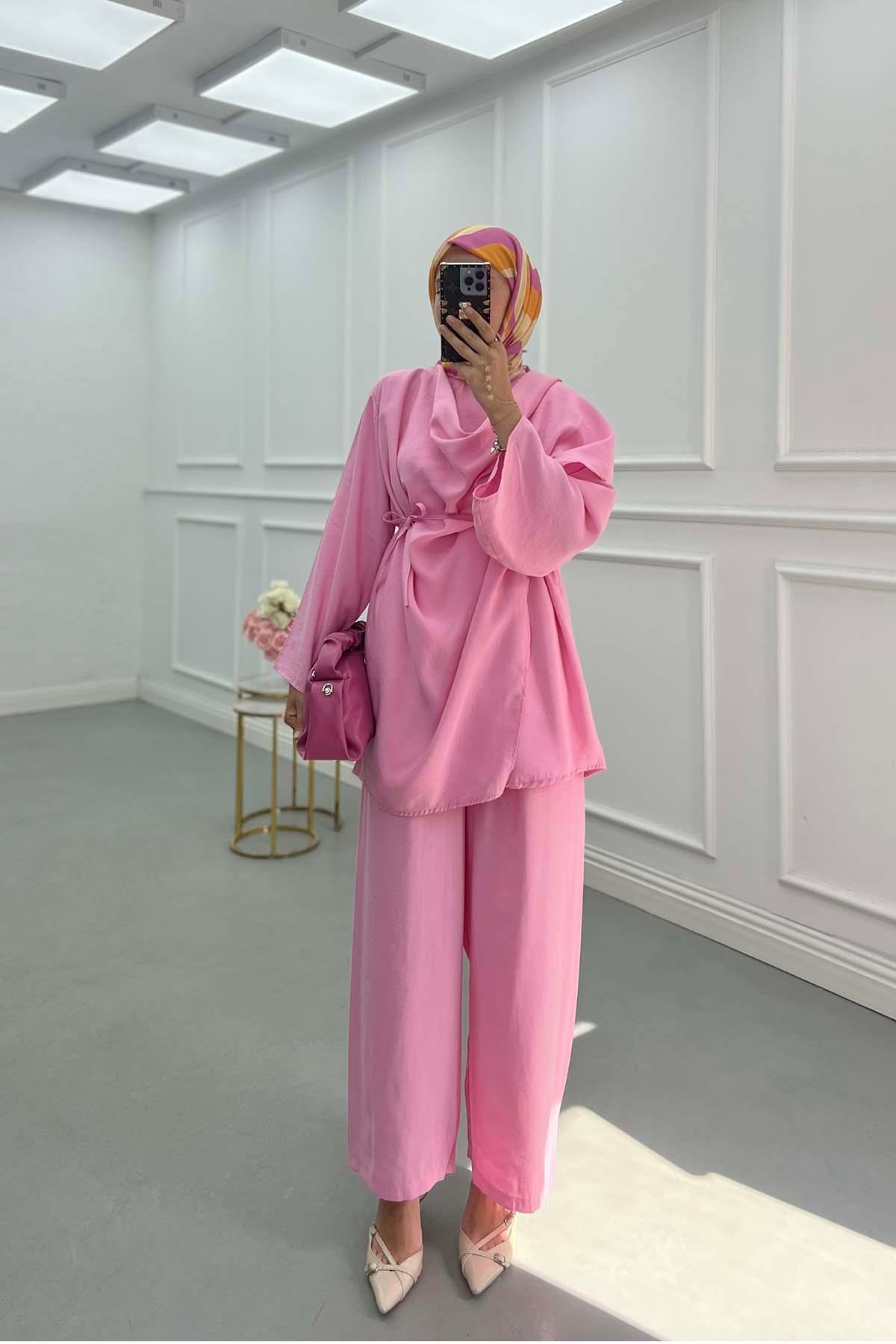 Sare Fashion Self-Shawl Detailed Belted Suit Pink