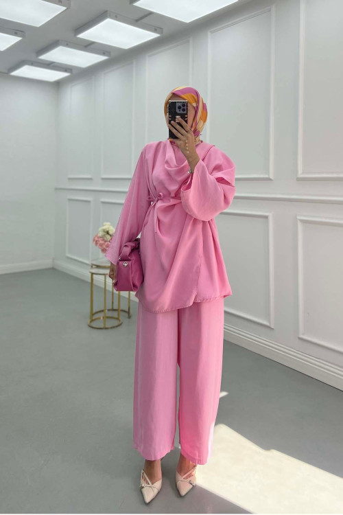 Sare Fashion Self-Shawl Detailed Belted Suit Pink