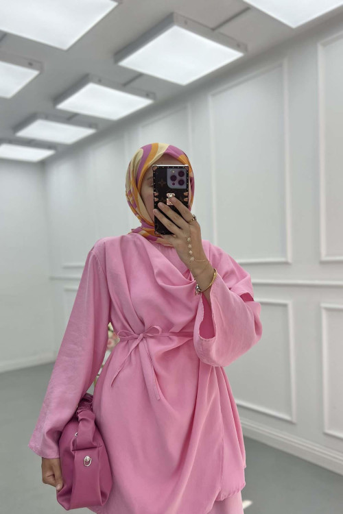 Sare Fashion Self-Shawl Detailed Belted Suit Pink