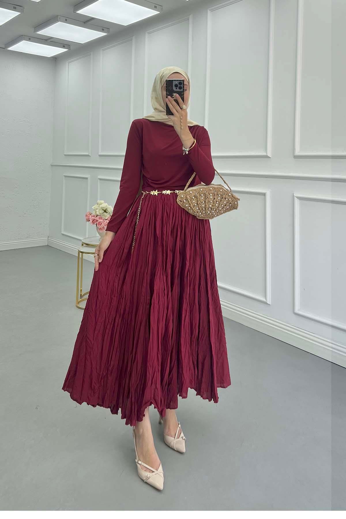 Sare Fashion Crinkle Pattern Lined Skirt Burgundy