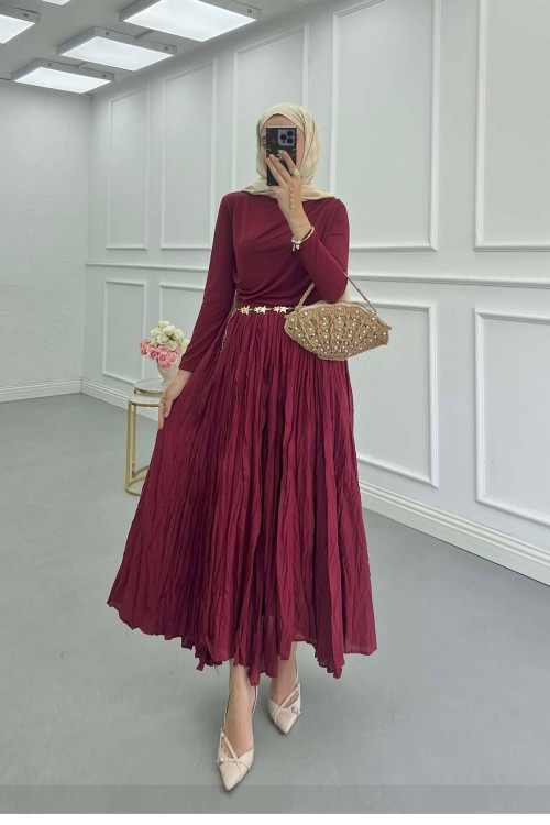 Sare Fashion Crinkle Pattern Lined Skirt Burgundy Sare Fashion Crinkle Pattern Lined Skirt Burgundy