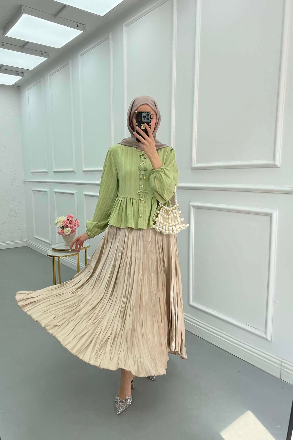 Sare Fashion Crinkle Flared Skirt Beige