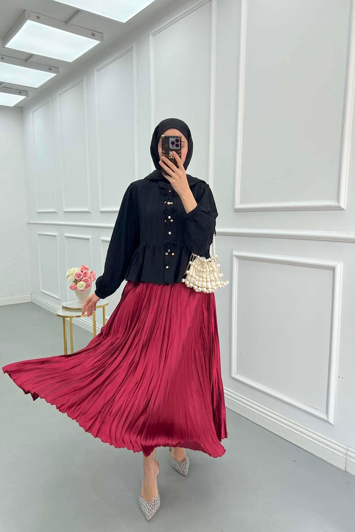Sare Fashion Crinkle Flared Skirt Claret Red