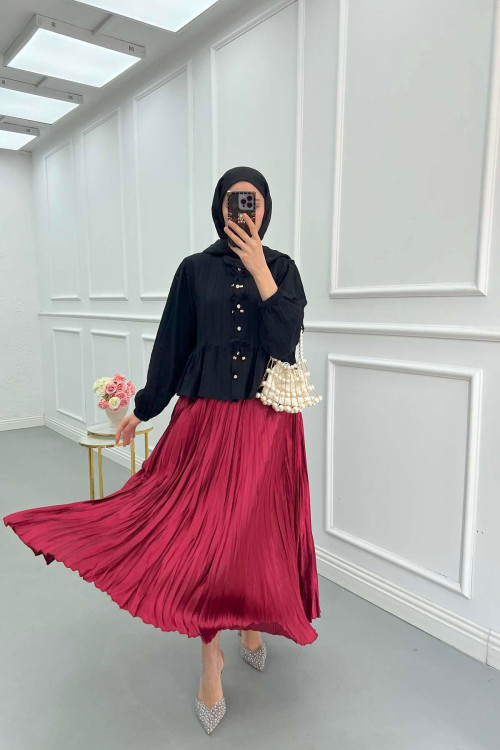 Sare Fashion Crinkle Flared Skirt Claret Red