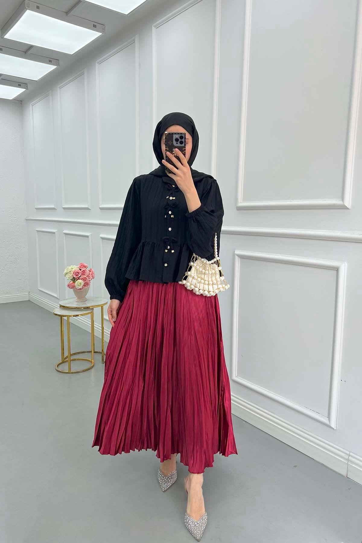 Sare Fashion Crinkle Flared Skirt Claret Red