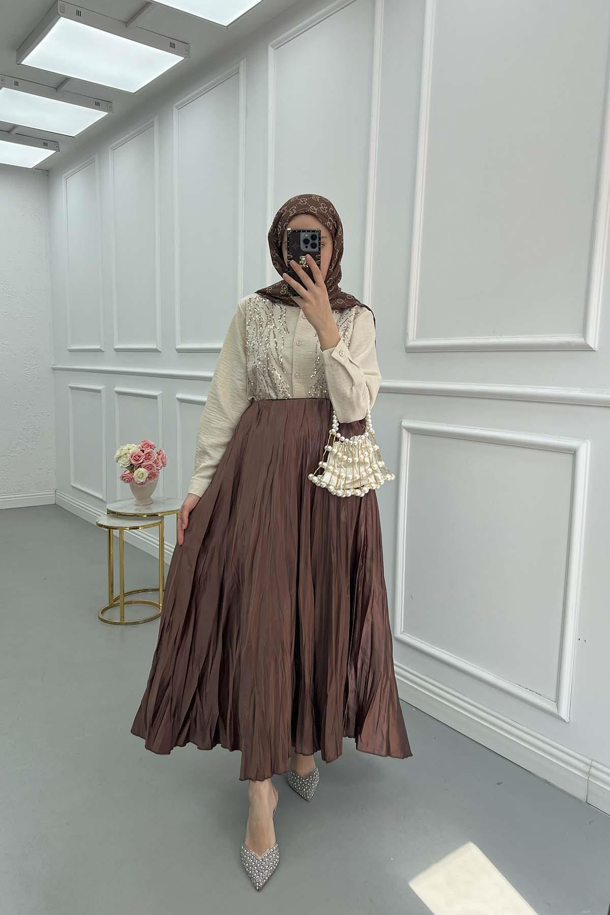 Sare Fashion Crinkle Flared Skirt Brown