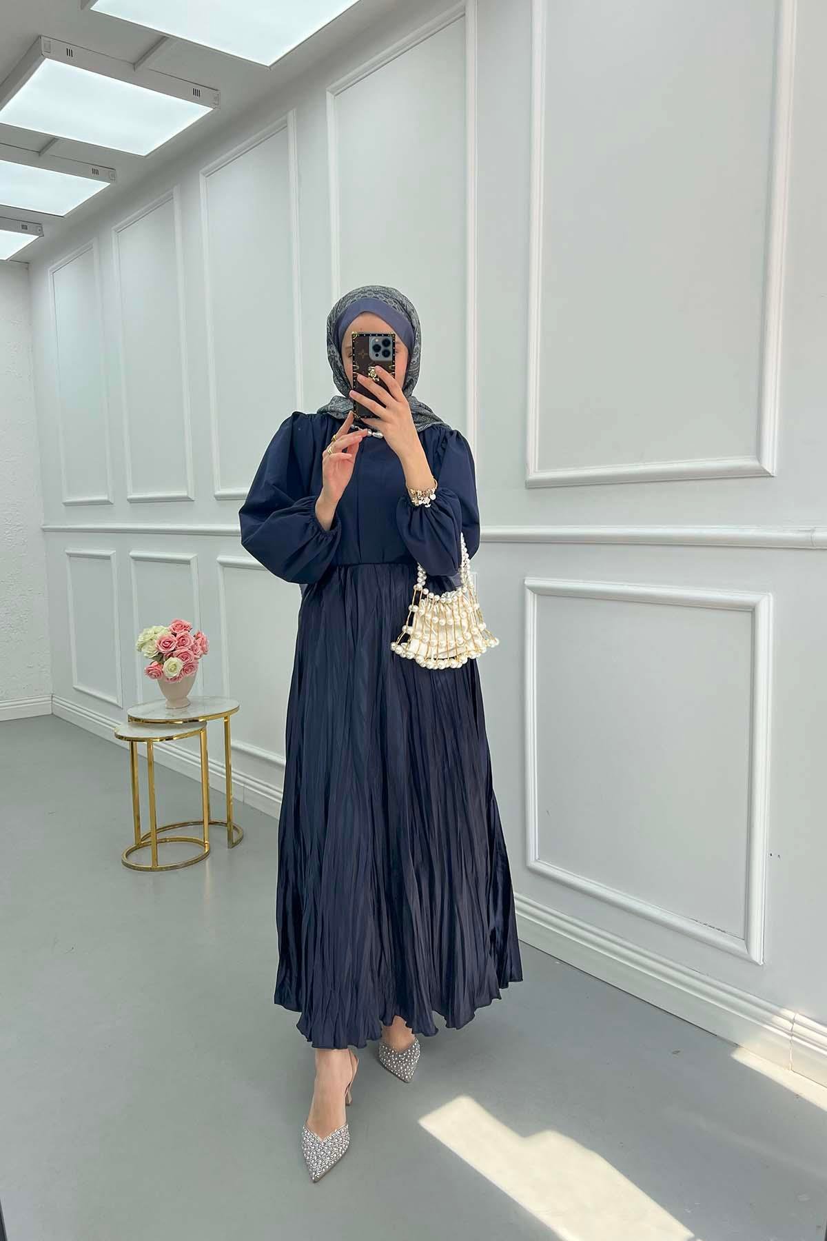Sare Fashion Crinkle Flared Skirt Navy Blue