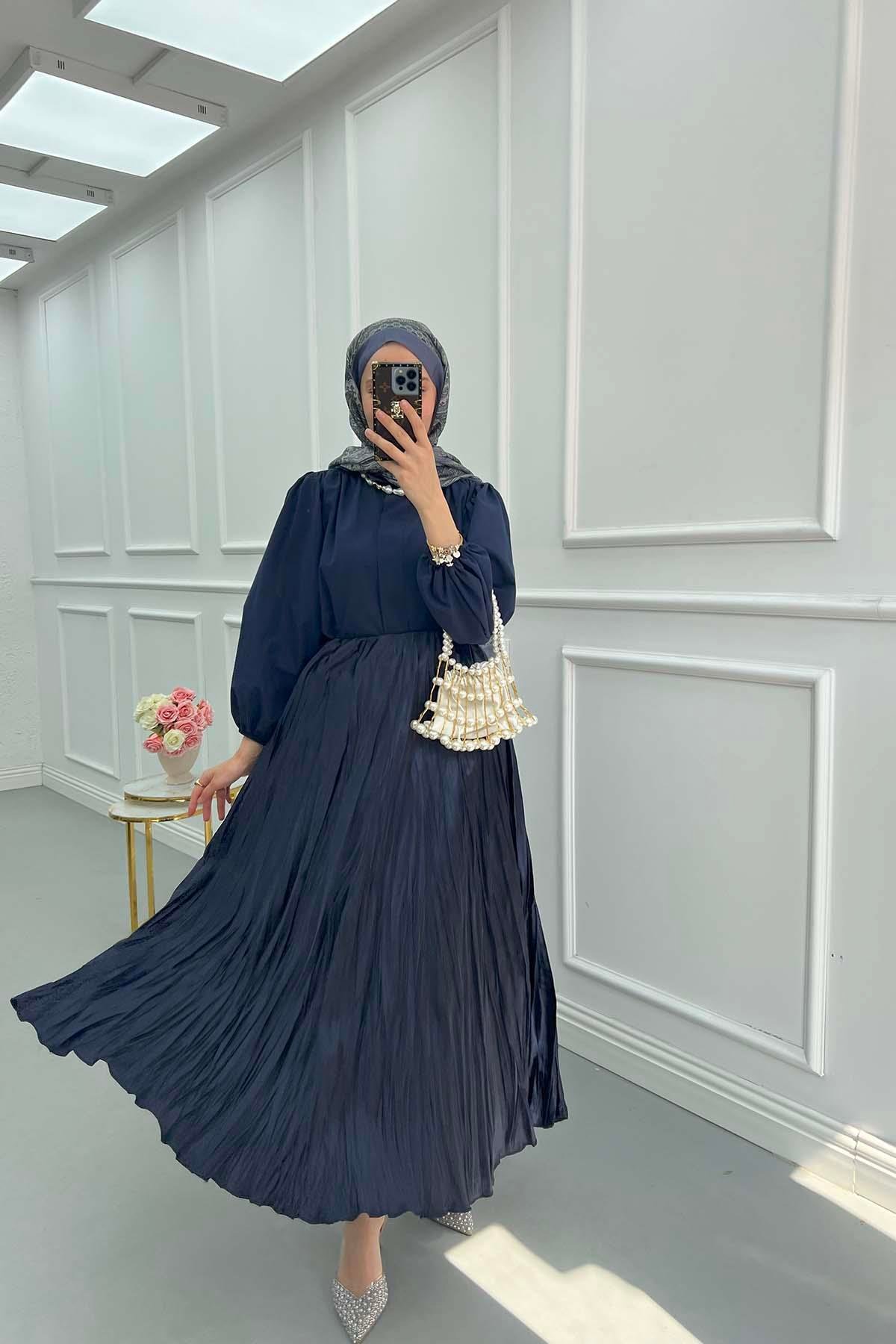 Sare Fashion Crinkle Flared Skirt Navy Blue
