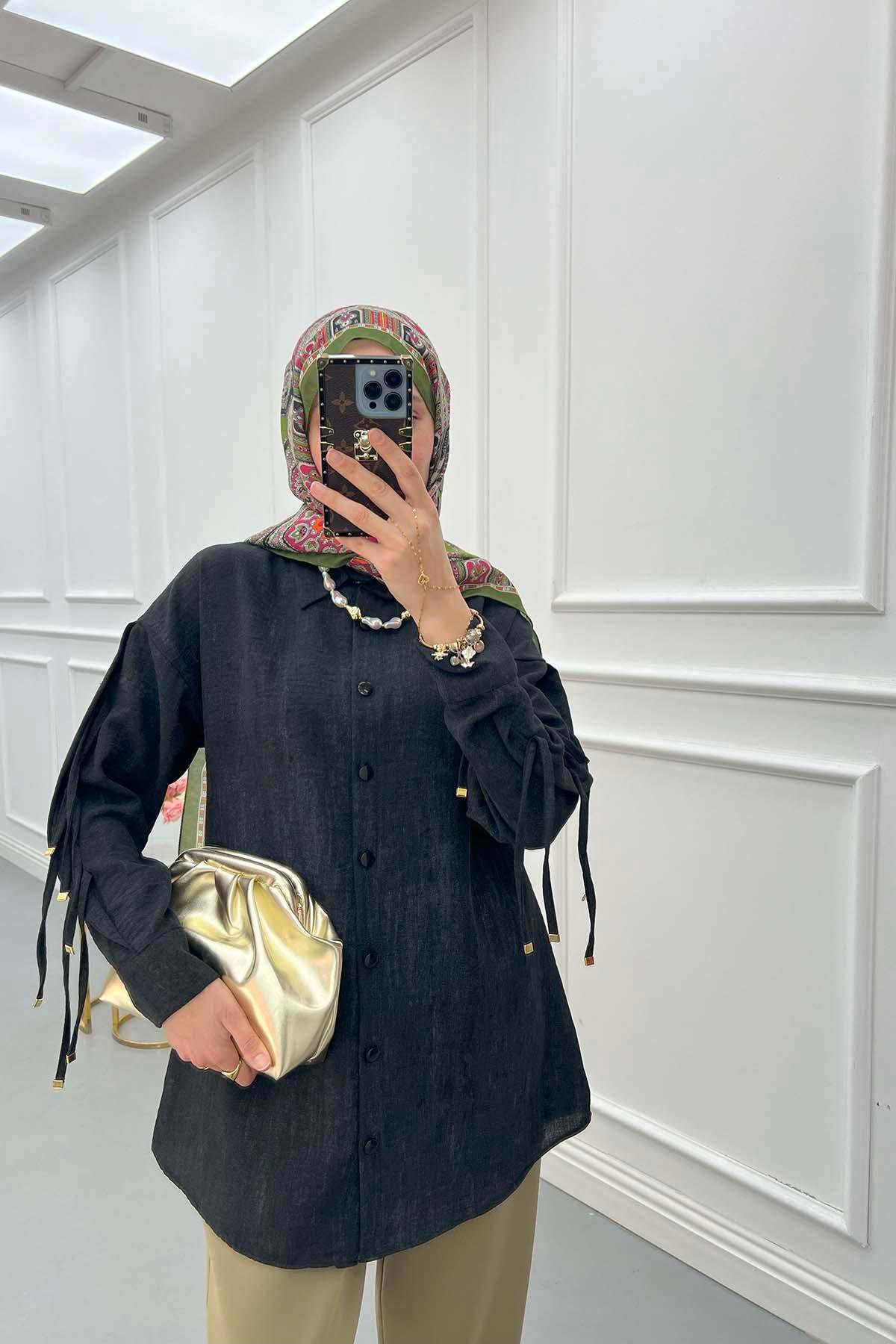 Sare Fashion Sleeve Tie Detail Shirt Black