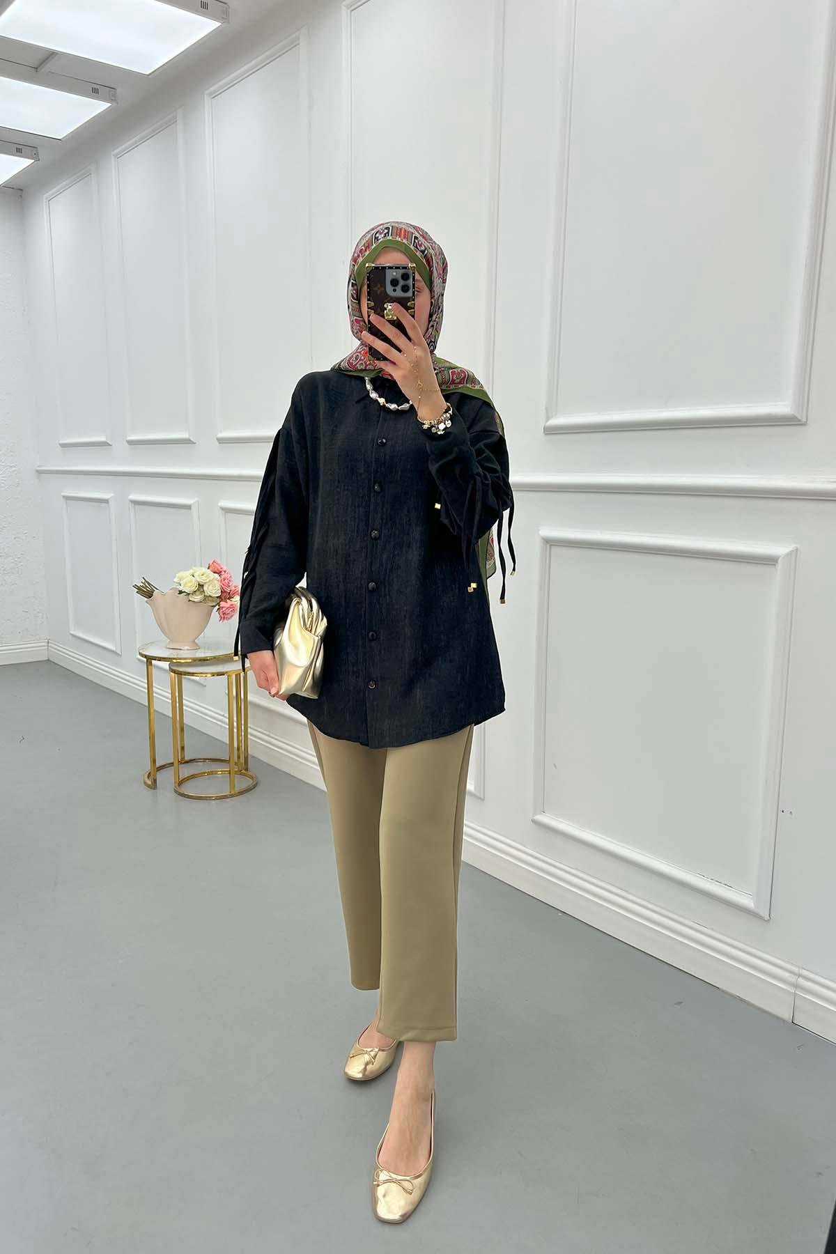 Sare Fashion Sleeve Tie Detail Shirt Black