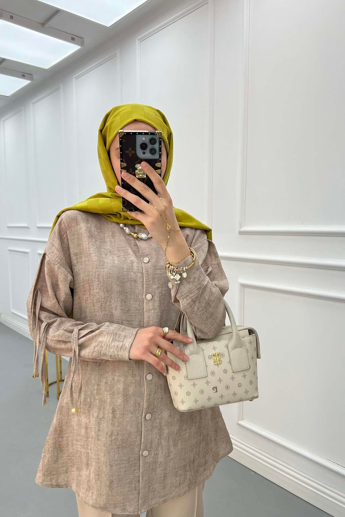 Sare Fashion Sleeve Tie Detailed Shirt Mink
