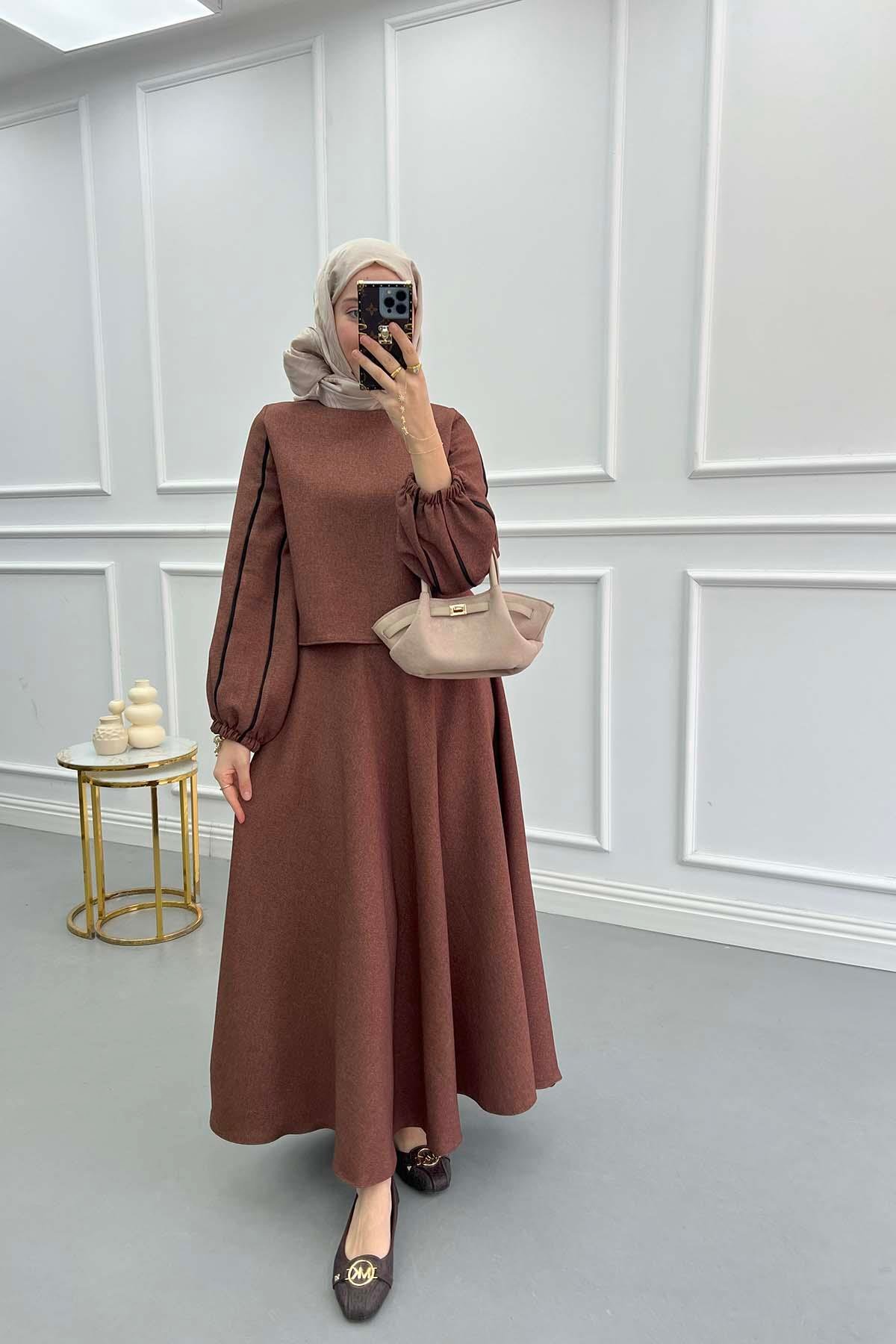 Sleeve Piping Skirt Suit Brown