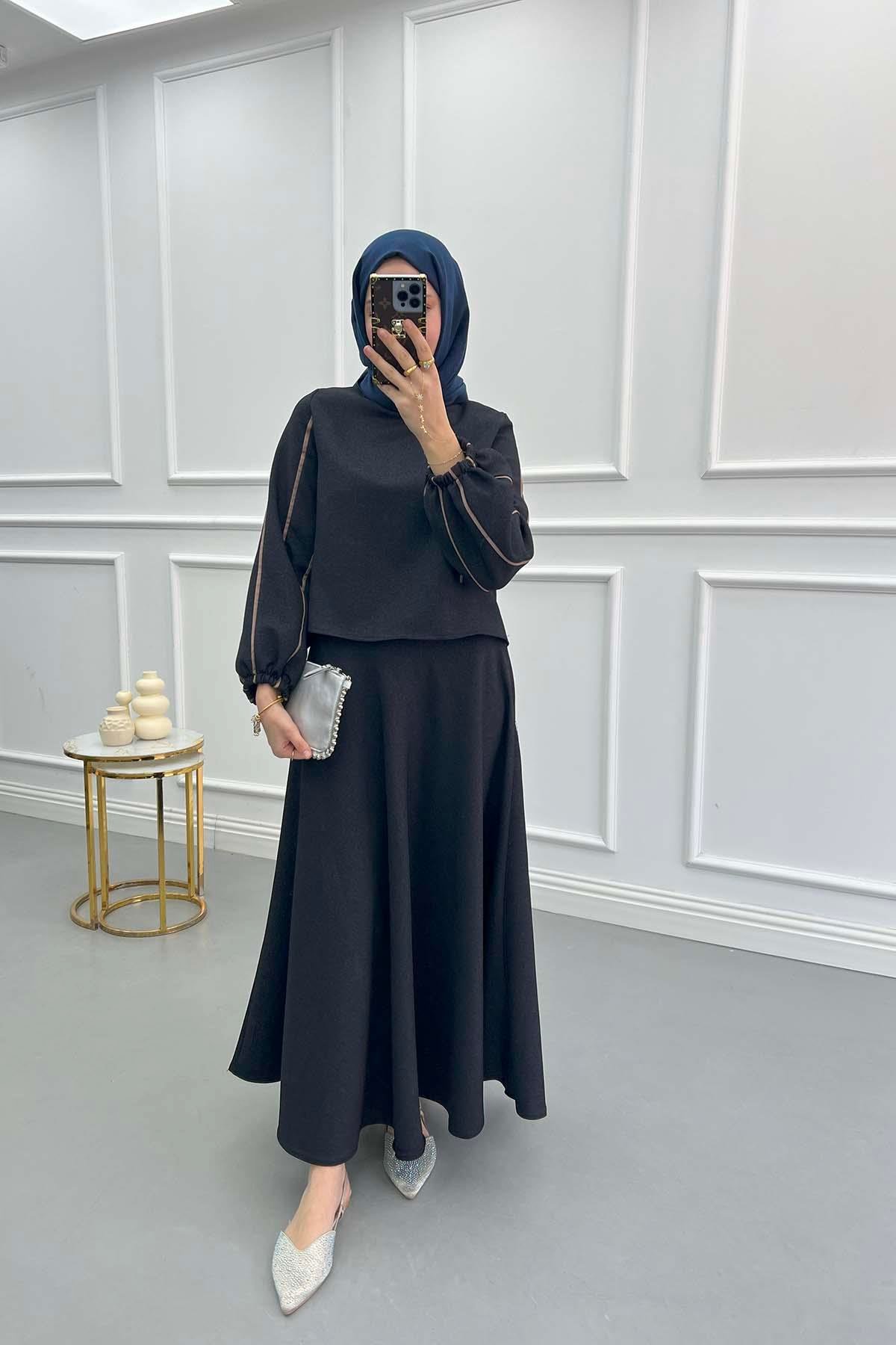 Sleeve Piping Skirt Suit Dark Navy Blue