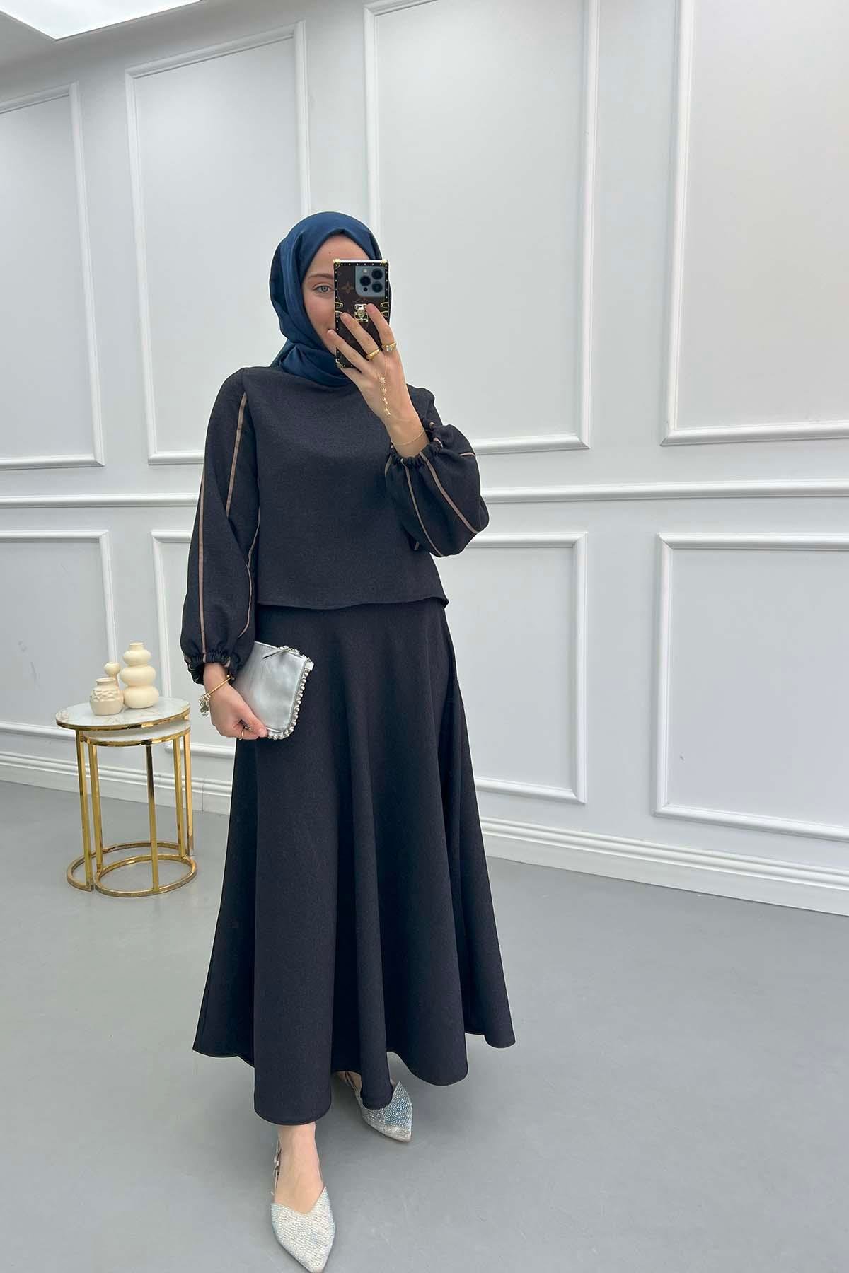 Sleeve Piping Skirt Suit Dark Navy Blue
