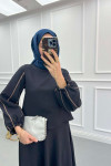 Sleeve Piping Skirt Suit Dark Navy Blue