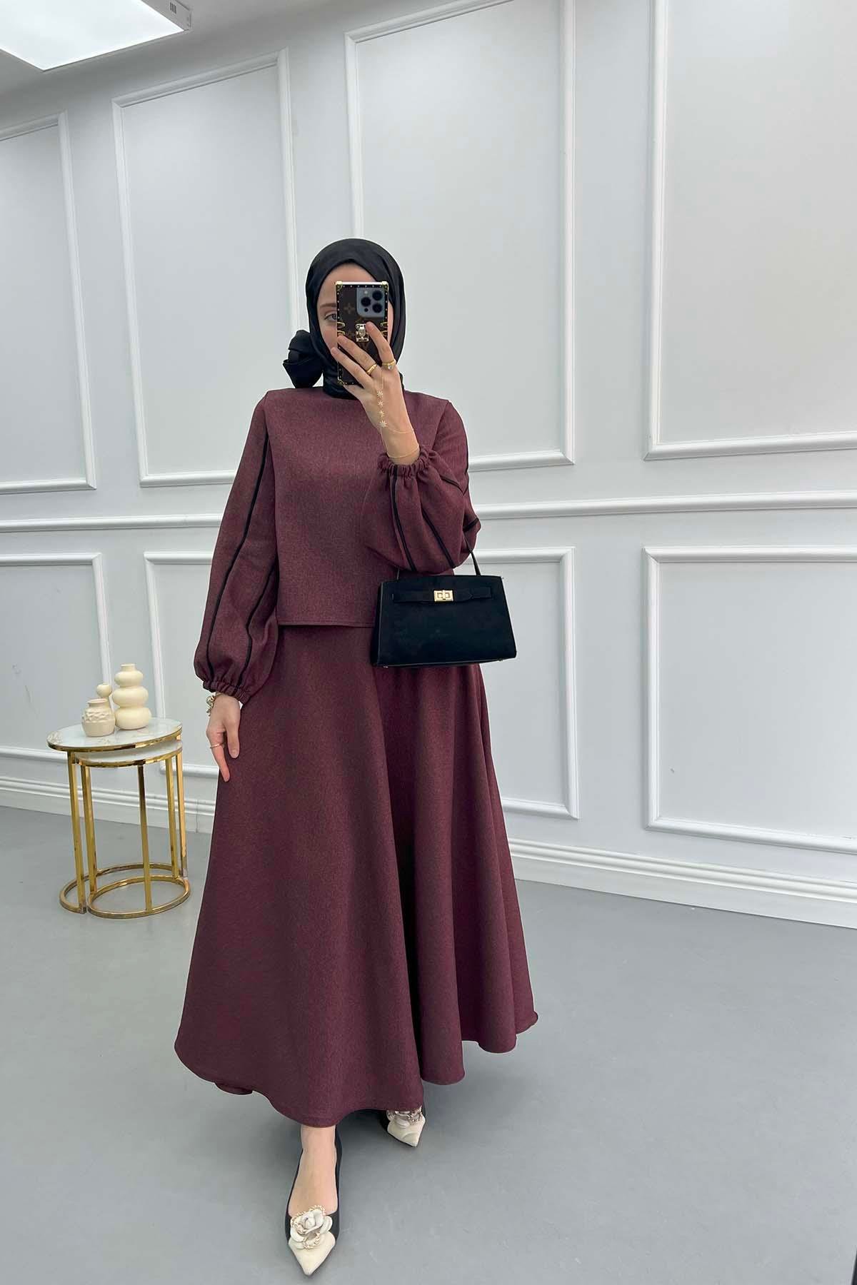 Sleeve Piping Skirt Suit Plum