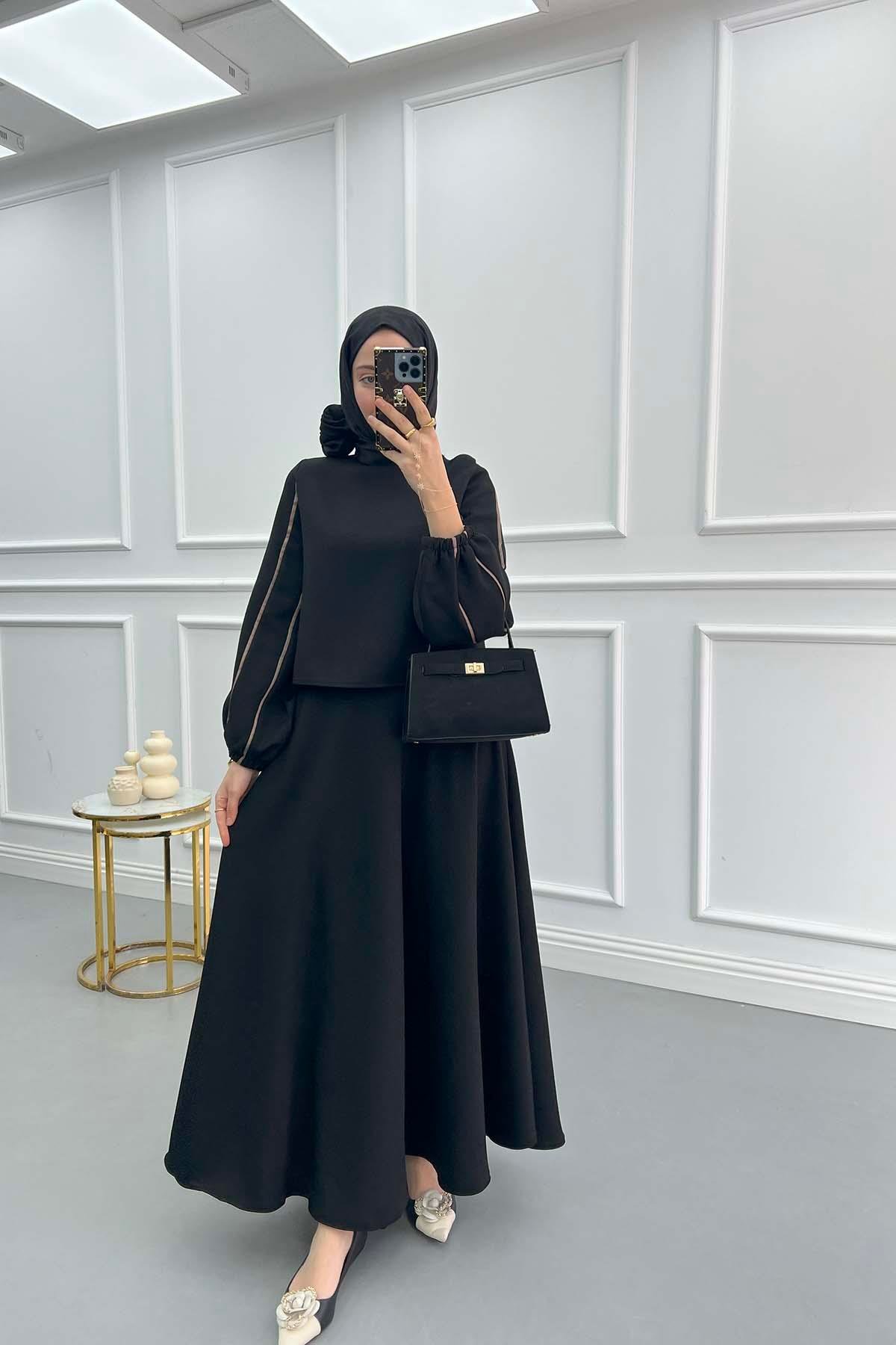 Sleeve Piping Skirt Suit Black