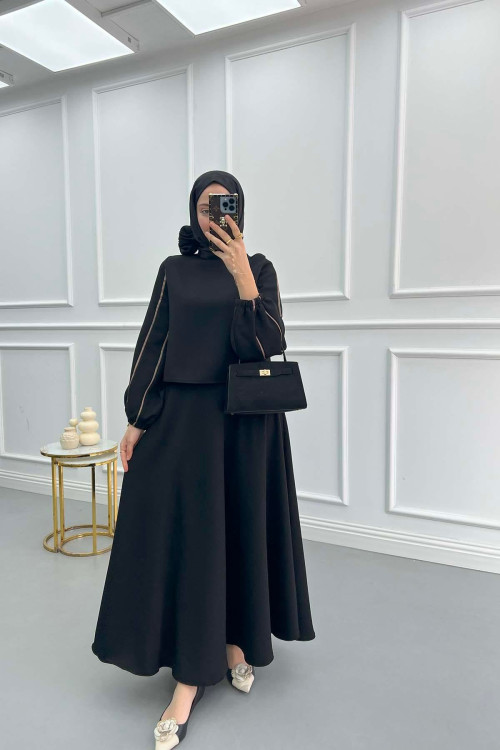 Sleeve Piping Skirt Suit Black