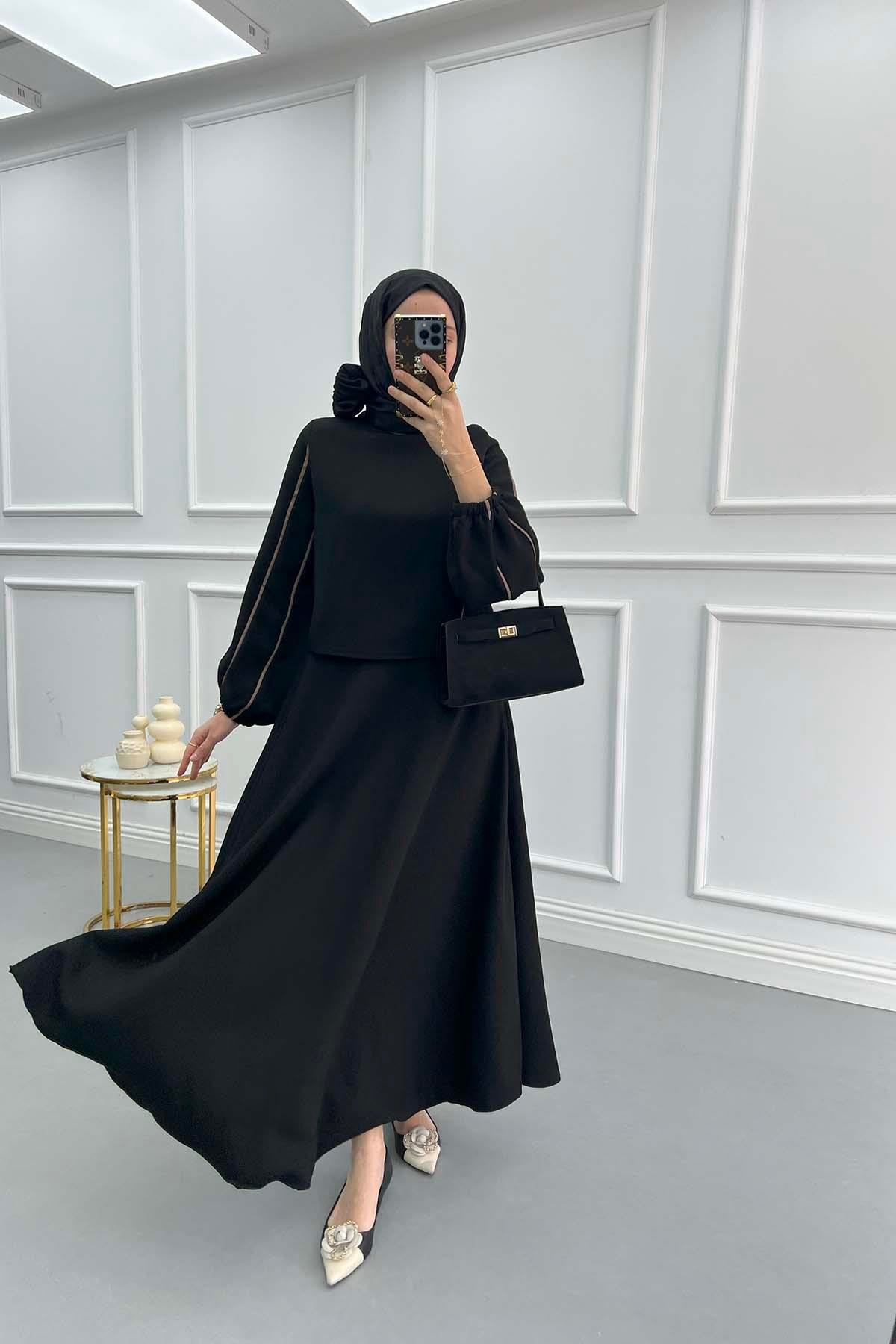 Sleeve Piping Skirt Suit Black