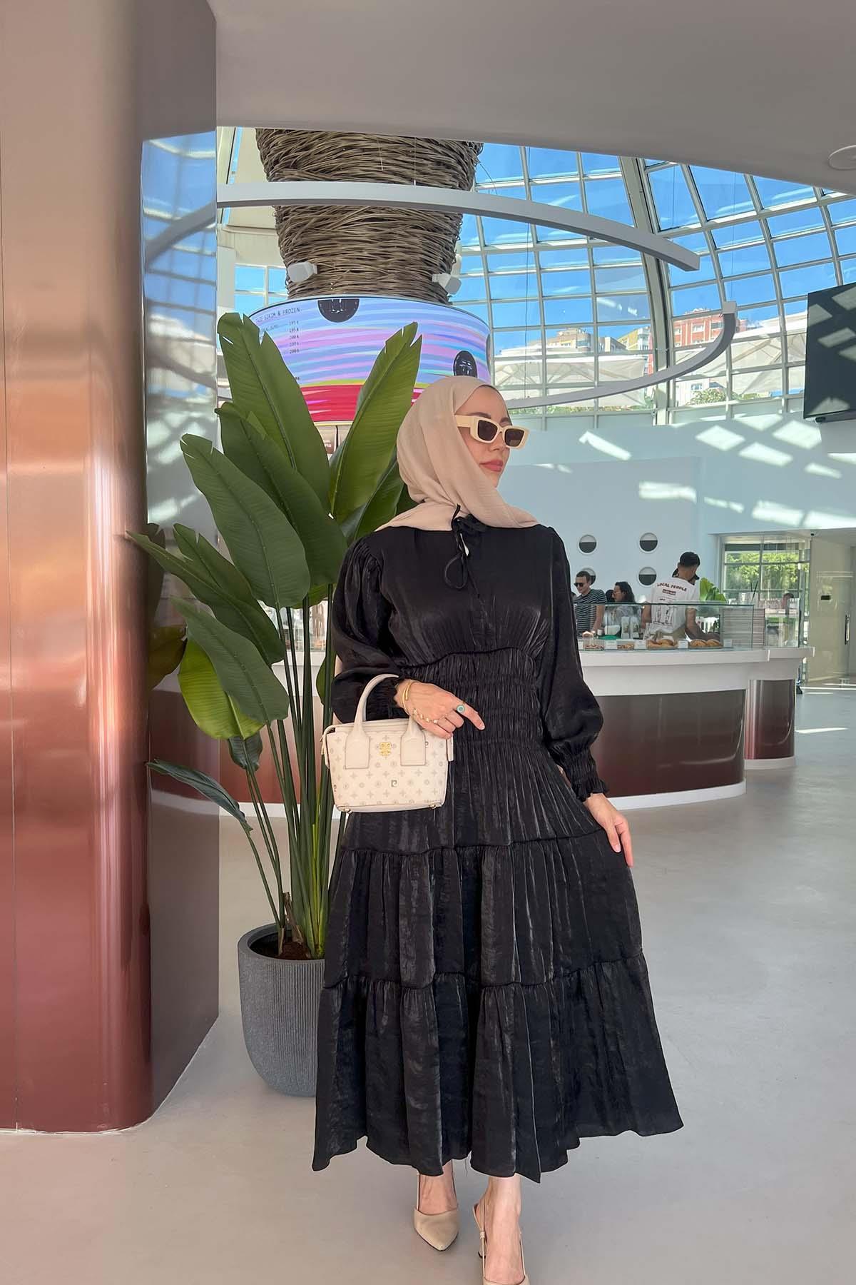 Sare Fashion Gathered Sleeve Gipel Dress Black