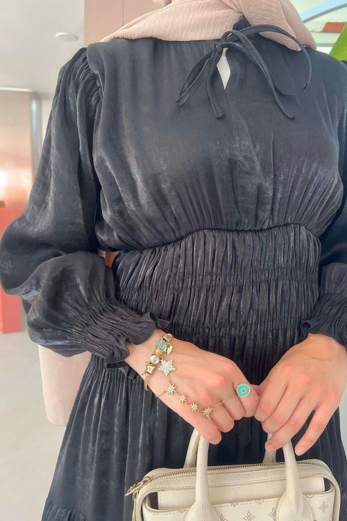 Sare Fashion Gathered Sleeve Gipel Dress Black