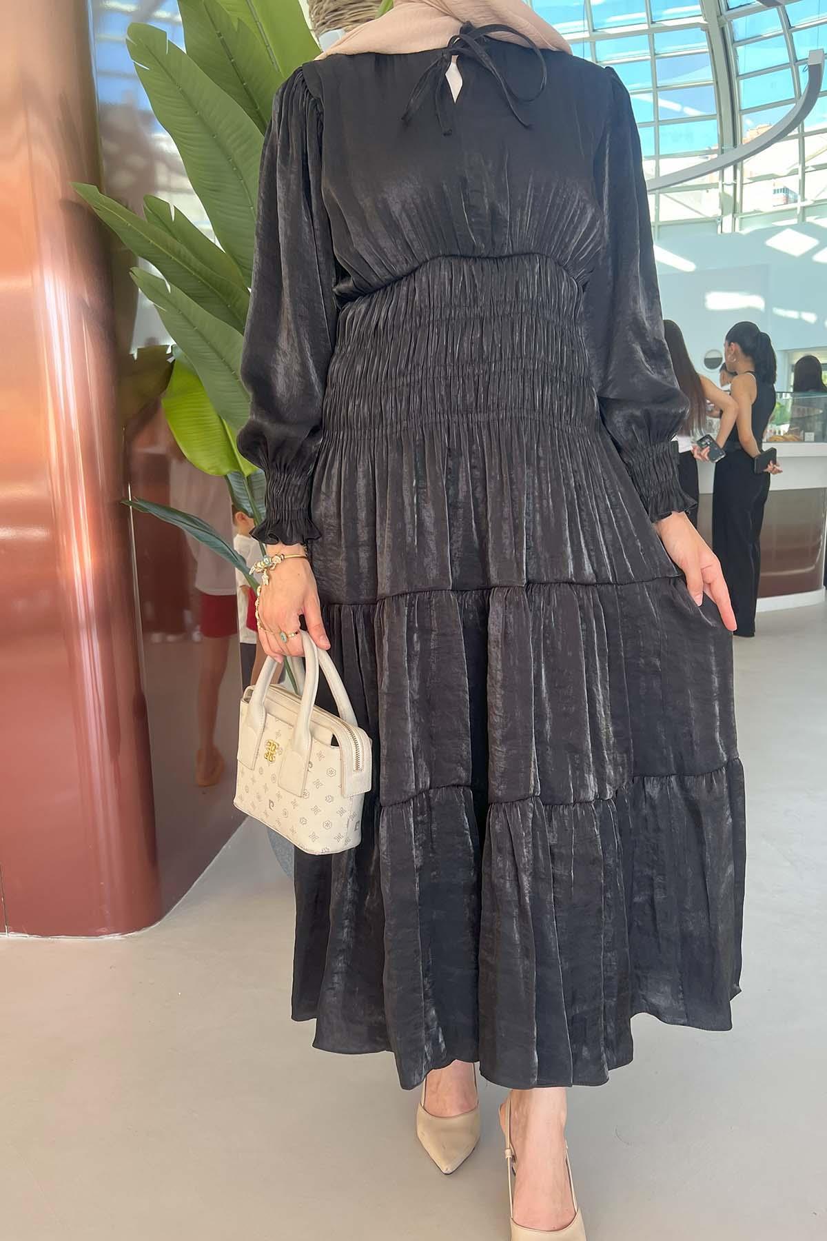 Sare Fashion Gathered Sleeve Gipel Dress Black