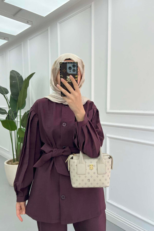Sare Fashion Sleeve Detailed Tie Suit Plum