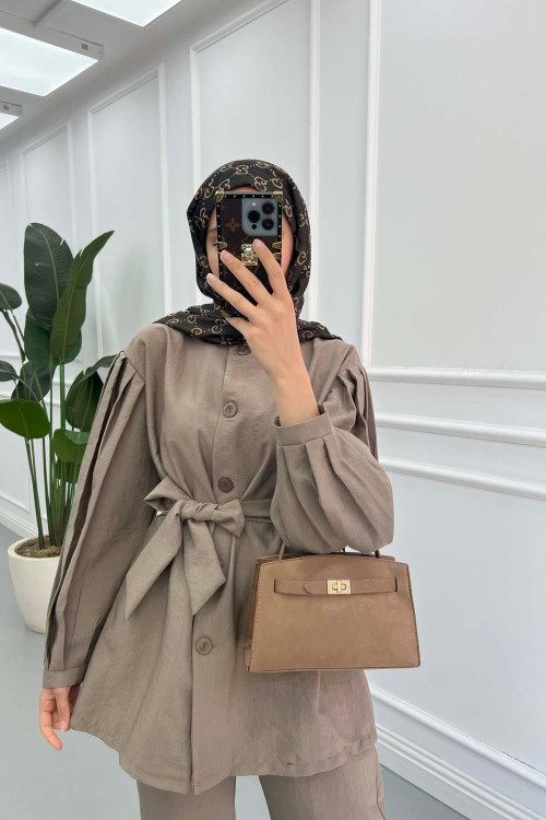 Sare Fashion Sleeve Detailed Tied Suit Mink