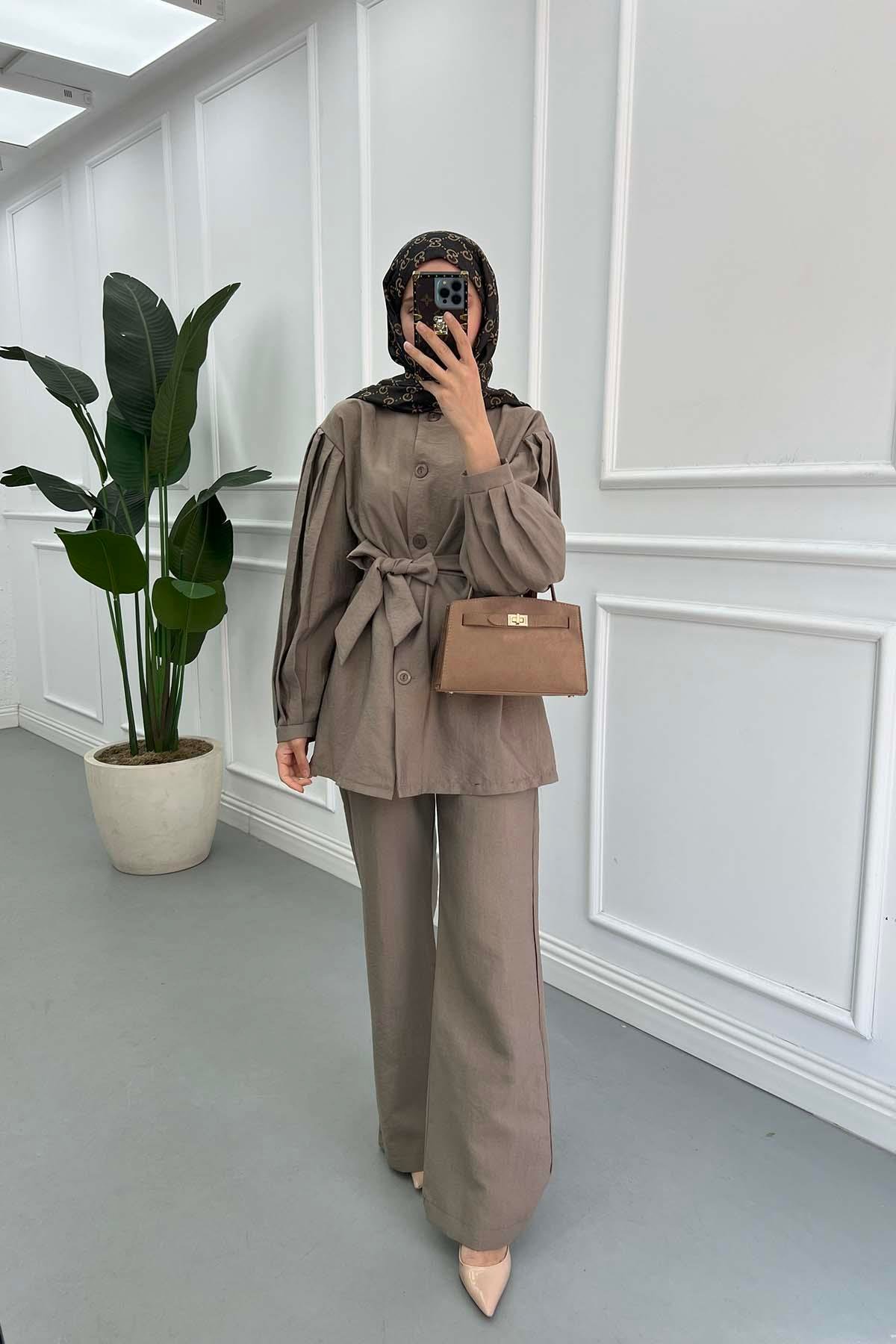 Sare Fashion Sleeve Detailed Tied Suit Mink
