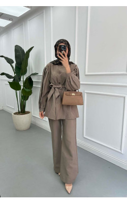 Sare Fashion Sleeve Detailed Tied Suit Mink